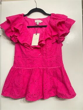 Ted Baker Hot Pink Eyelet Ruffle Peplum Blouse USA size 6